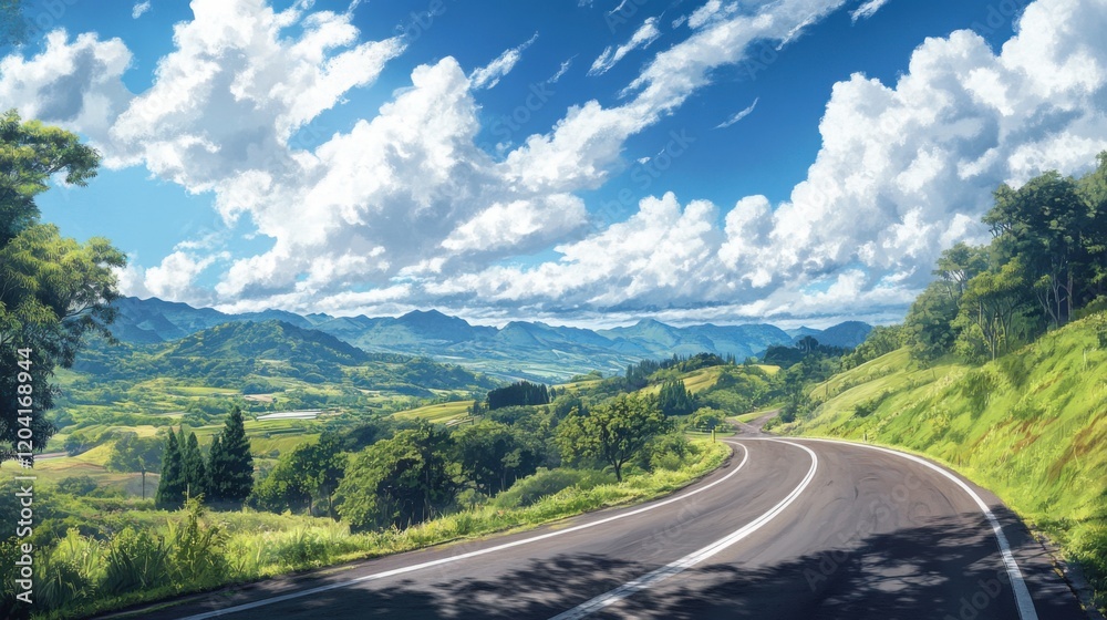 Serene winding road through lush green hills Serene winding road through lush green hills