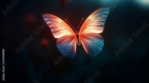 A glowing butterfly hovering against a dark background, with delicate wings glowing in soft pastel hues, creating a serene minimalist look