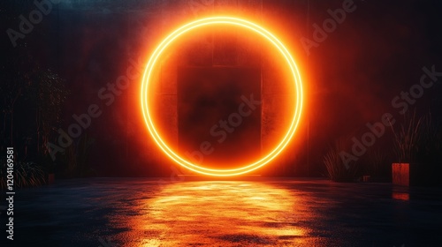 A glowing neon circle suspended in a dark space, creating a futuristic, minimalist ambiance with its soft and smooth light