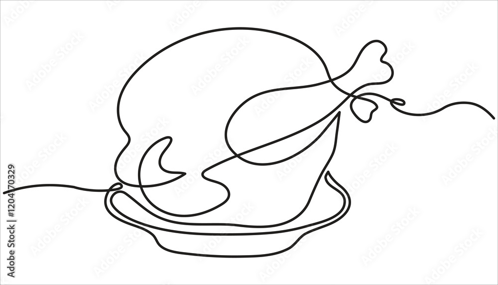 Fototapeta premium Roasted chicken continuous one line drawing vector illustration