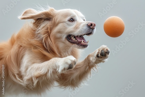 A joyful dog leaps into the air, engaging in a thrilling ball retrieval game, showcasing excitement and energy in this delightful moment.