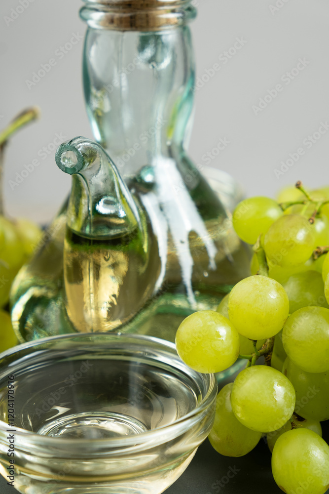 White wine vinegar in a vinegar bowl among grapes