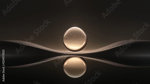 Glowing crystal ball resting on a reflective black surface, casting a soft light against a smooth background, symbolizing mystery and elegance