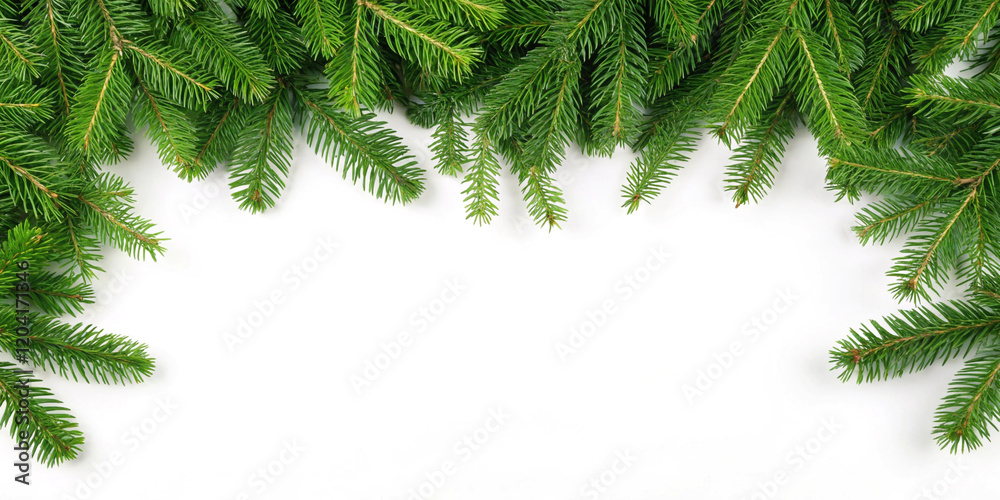 Border of isolated green Christmas tree branches at the edge on copy space on white background Border of isolated green Christmas tree branches at the edge on copy space on white background