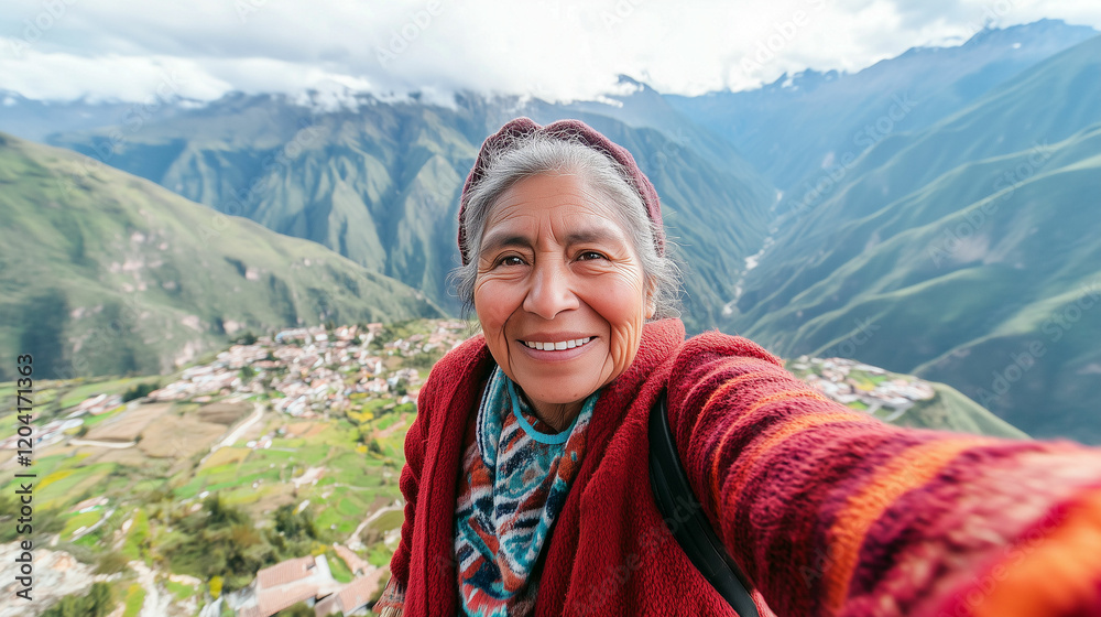 Naklejka premium Elderly woman takes a self-portrait against the stunning backdrop of the Andes mountains in Peru