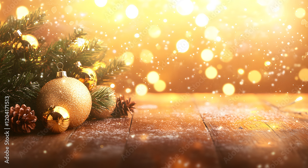 Fototapeta premium Golden Christmas Ornaments with Pinecones and Fir Branches on a Sparkling Background