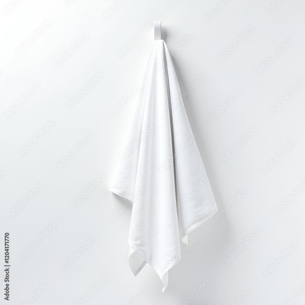 Fototapeta premium White towel hanging on the wall in bathroom with white marble tile wall isolated on a white background