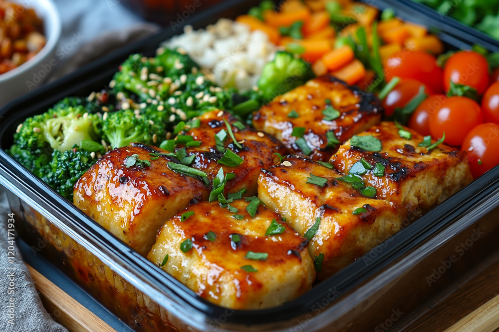 Fototapeta premium A meal in a plastic container with vegetables and tofu