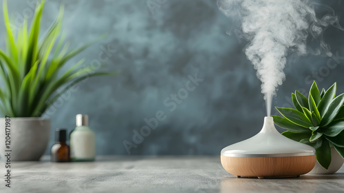 Relaxing aromatherapy diffuser in a serene indoor environment with lush greenery for ultimate calmness