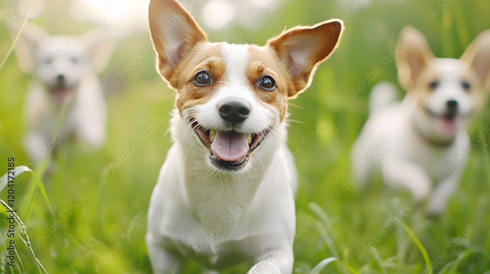 Exciting dogs running playfully in a lush green field outdoor joyful canine moments Exciting dogs running playfully in a lush green field outdoor joyful canine moments