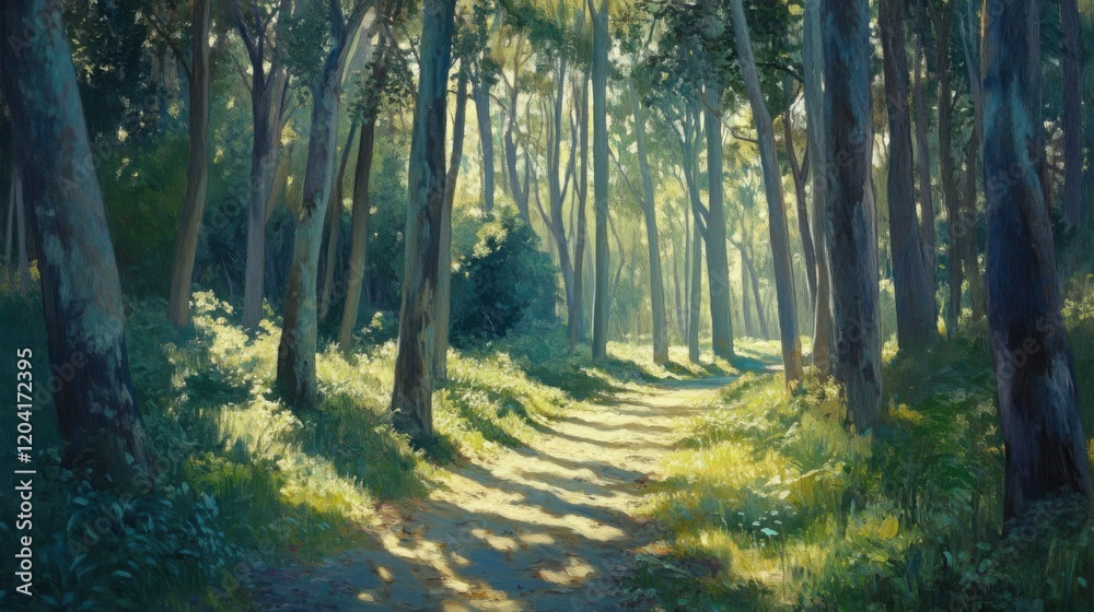 Obraz premium Sunlit forest path through tall trees