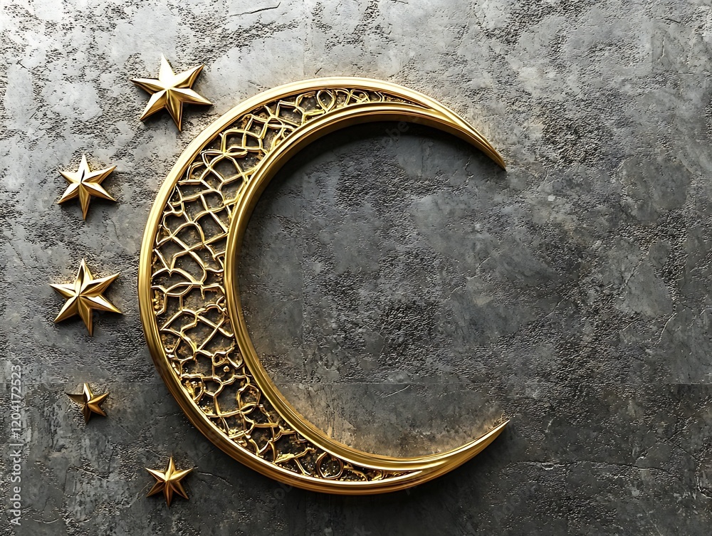 Golden Crescent Moon with Stars on Grey Background Golden Crescent Moon with Stars on Grey Background