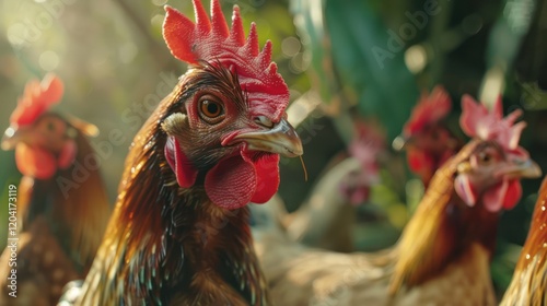A group of ayam kampung chickens pecking at organic feed on a clean eco-friendly farm, sunlight highlighting their vibrant feathers and natural textures.