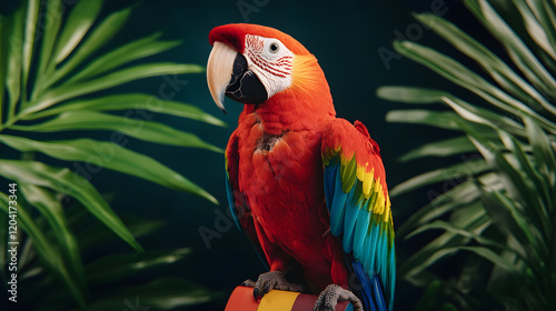 Vibrant scarlet macaw display tropical forest wildlife lush environment close-up nature conservation photo