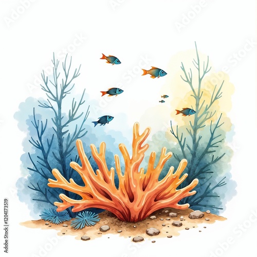 Orange Coral Growing on Seabed with Stones, Seaweed, and Orange-Blue Fish Swimming
