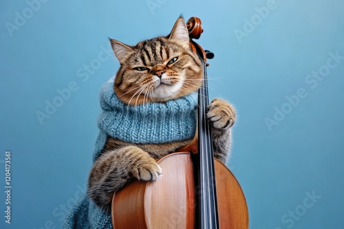 Cat Playing Cello in Blue Sweater