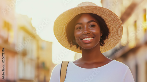 Urban Fashion and Travel: Young Woman Enjoying a Beautiful City Vacation. Explore the lifestyle of a young woman embracing both fashion and adventure during her summer city vacatio photo