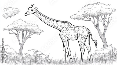Giraffe standing in savanna environment with trees and tall grasses illustration