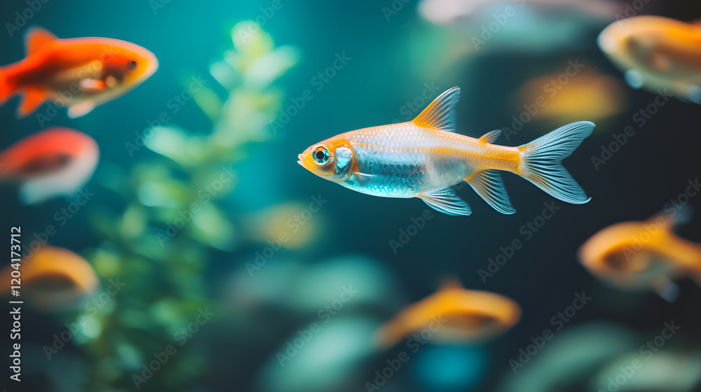 Fototapeta premium Swimming fish in aquarium marine life exhibit underwater vibrant environment close-up view aquatic harmony