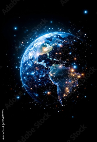 Glowing blue Earth at night showing connected digital networks across Americas. Global technology and communication concept on dark space background with bright stars