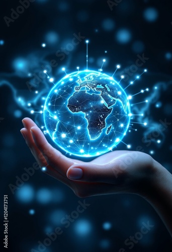 Digital hologram of glowing blue Earth sphere floating above palm. Global network connection concept. Technology innovation background. Business and future tech visualization