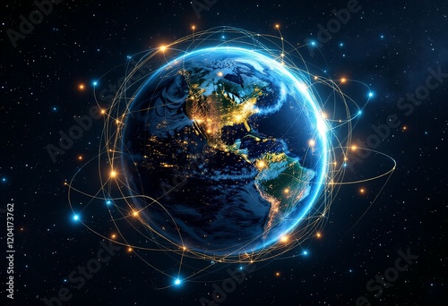 Digital Earth view from space showing global network connections with glowing orbits. Night side with city lights of Americas. Technology and communication concept