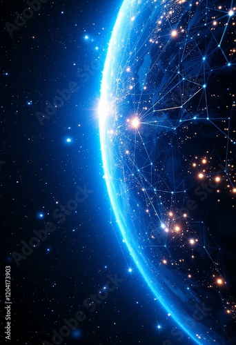 Blue glowing Earth from space at night with network connections. Global digital communication, internet technology, worldwide data exchange concept for business