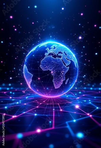 Digital Earth globe with neon blue glow on futuristic grid background. Global network concept with glowing connections. Technology and cyber space visualization with Africa continent view