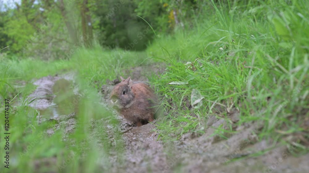 Domestic rabbit or bunny on a green spring meadow in nature, cute animal wildlife, pet on a farm Domestic rabbit or bunny on a green spring meadow in nature, cute animal wildlife, pet on a farm