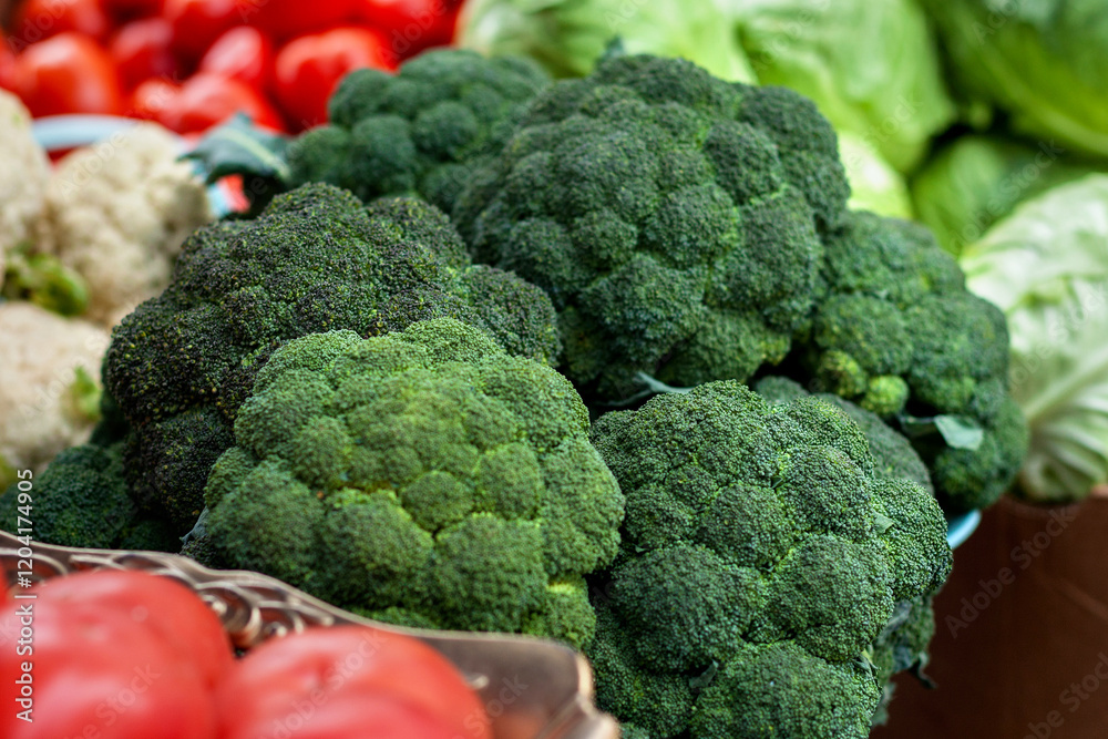 Broccoli in the window of a sales counter at a fruit and vegetable fair. Broccoli in the window of a sales counter at a fruit and vegetable fair.