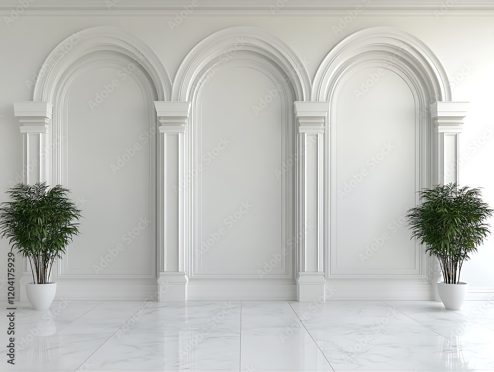 Fototapeta premium Elegant White Room With Three Archways And Plants