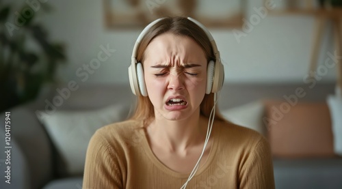 Emotional response while listening to music in a cozy home setting photo