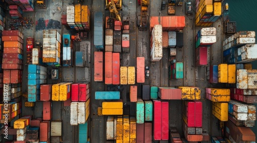 A bird's eye view of a bustling harbor filled with colorful shipping containers photo