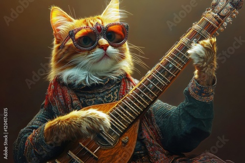 Ginger Cat Playing Sitar in ornate clothing photo