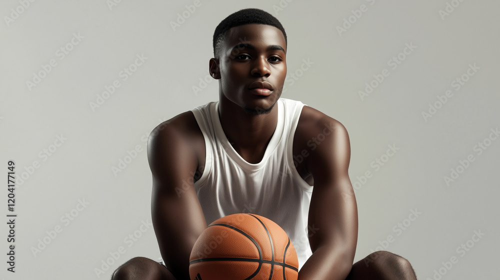 Young athlete posed with basketball in a neutral background, showcasing strength and determination Young athlete posed with basketball in a neutral background, showcasing strength and determination