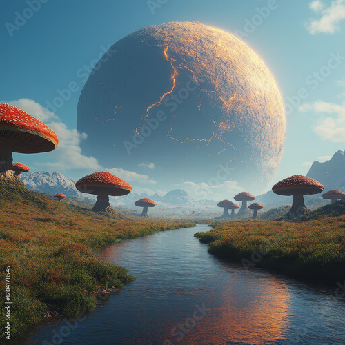 Otherworldly, cinematic world ending scenery, a giant cracked planet with energetic veins floating above a beautiful landscape with a river and mushroom like alien trees, end of the world, apocalypse photo