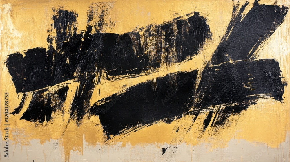 Naklejka premium A bold textured abstract using overlapping black and gold brushstrokes on a neutral base