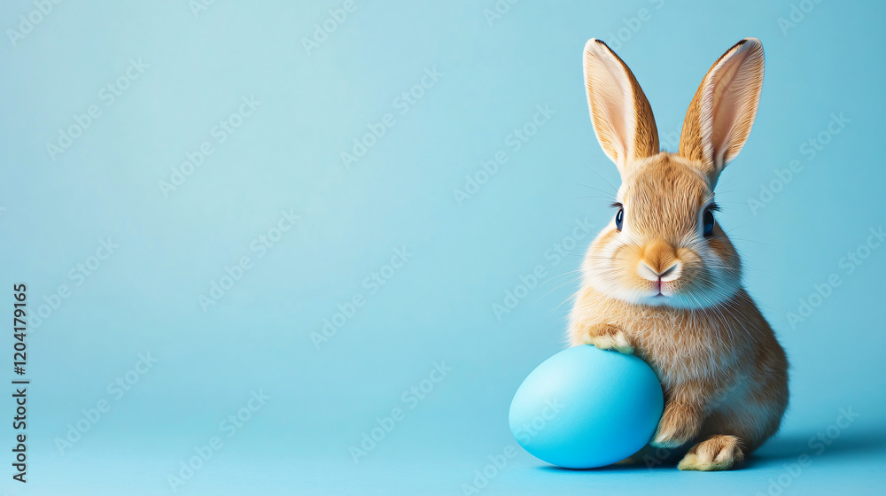 Fototapeta premium Easter Bunny with Blue Egg: An adorable fluffy brown bunny sits proudly holding a pastel blue Easter egg against a soft light blue background. Perfect for Easter greetings, spring themes.