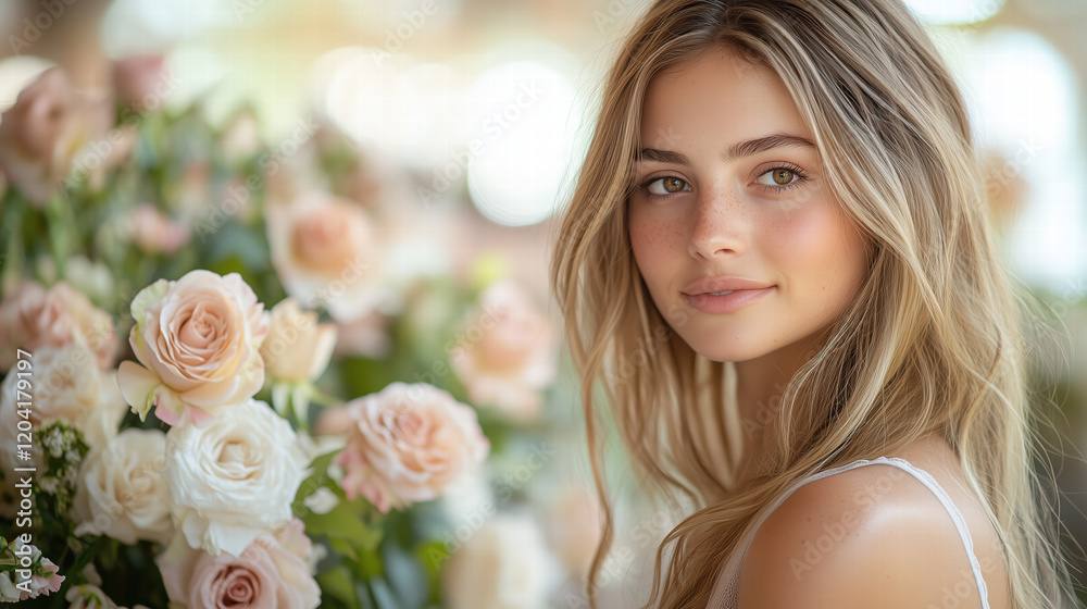 Fototapeta premium Young woman with long hair posing beside beautiful bouquet of roses in soft natural lighting