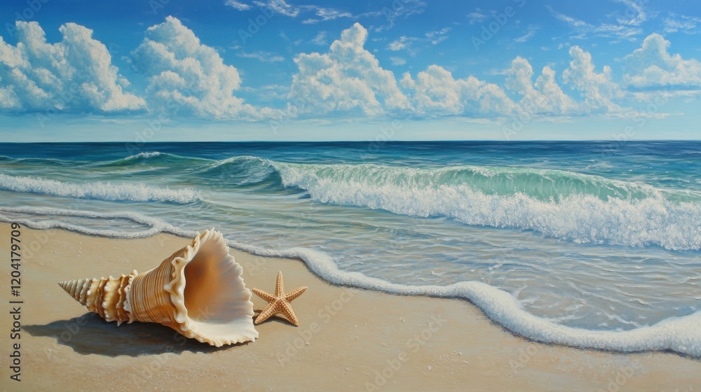 Tranquil beach scene with shell and starfish Tranquil beach scene with shell and starfish