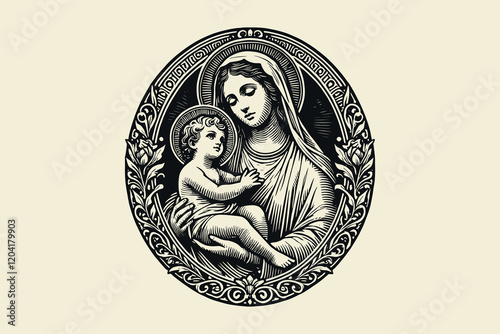Vintage vector engraving of Madonna and Child Jesus in ornate emblem
