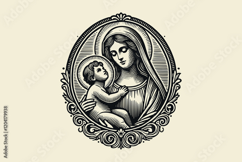 Vintage vector engraving of Madonna and Child Jesus in ornate emblem