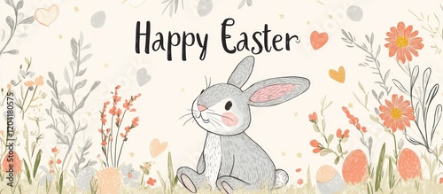 Happy Easter greeting card with cute bunny, flowers, eggs and hearts on a beige background