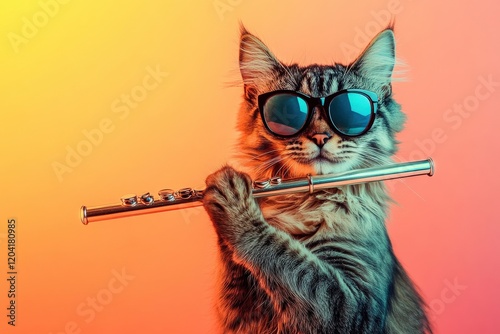 Cat playing flute wearing sunglasses