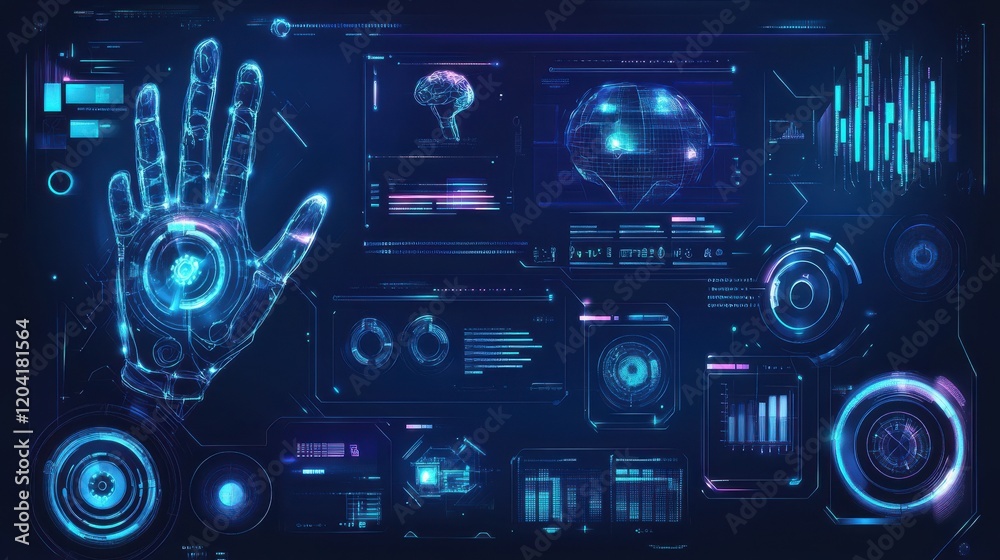 Fototapeta premium Artificial intelligence for business abstract concept vector illustration set. AI-powered marketing tool, AI in social media, dashboard service, machine learning, target advertising abstract metaphor