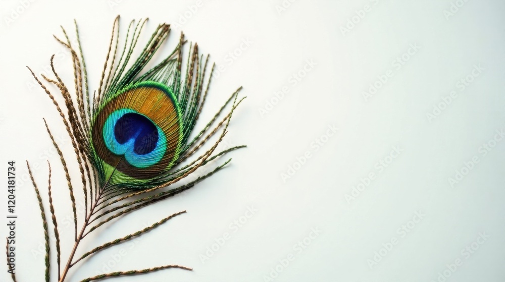 Obraz premium A single iridescent peacock feather rests against a plain white background, showcasing its vibrant colors and intricate details.