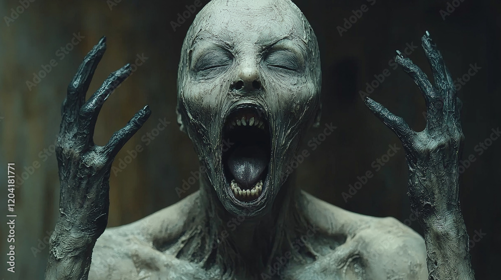 Naklejka premium A striking portrait of an alien attempting to blend in as a human, its disguise slipping with a wide-open mouth, revealing otherworldly features beneath the façade. Generative AI