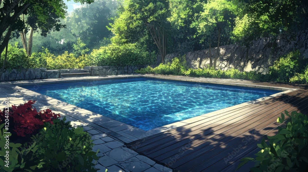 Obraz premium Tranquil outdoor pool surrounded by lush greenery