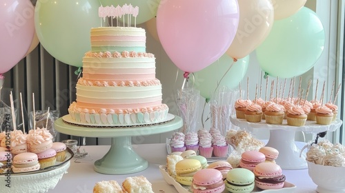 A celebratory table with a tiered cake, cupcakes, and macarons displayed under balloons