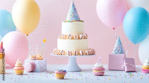 Festive birthday celebration with cake, cupcakes, macarons, gift boxes and colorful balloons